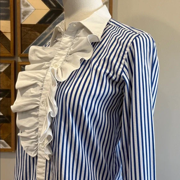 Ralph Lauren Vintage Blue and White Striped Button Up Ruffle Blouse size 4 - Picture 5 of 12